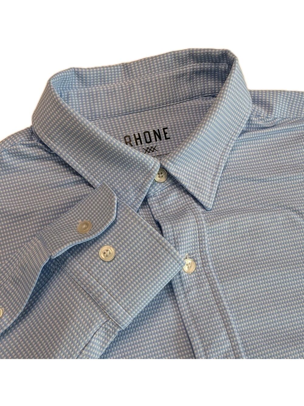 Rhone Commuter Shirt Mens Small Blue White Micro Check Slim Performance Stretch